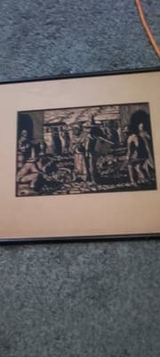Prescott Chaplin Woodcut Print 'The Market Place' Framed Figures Market Art