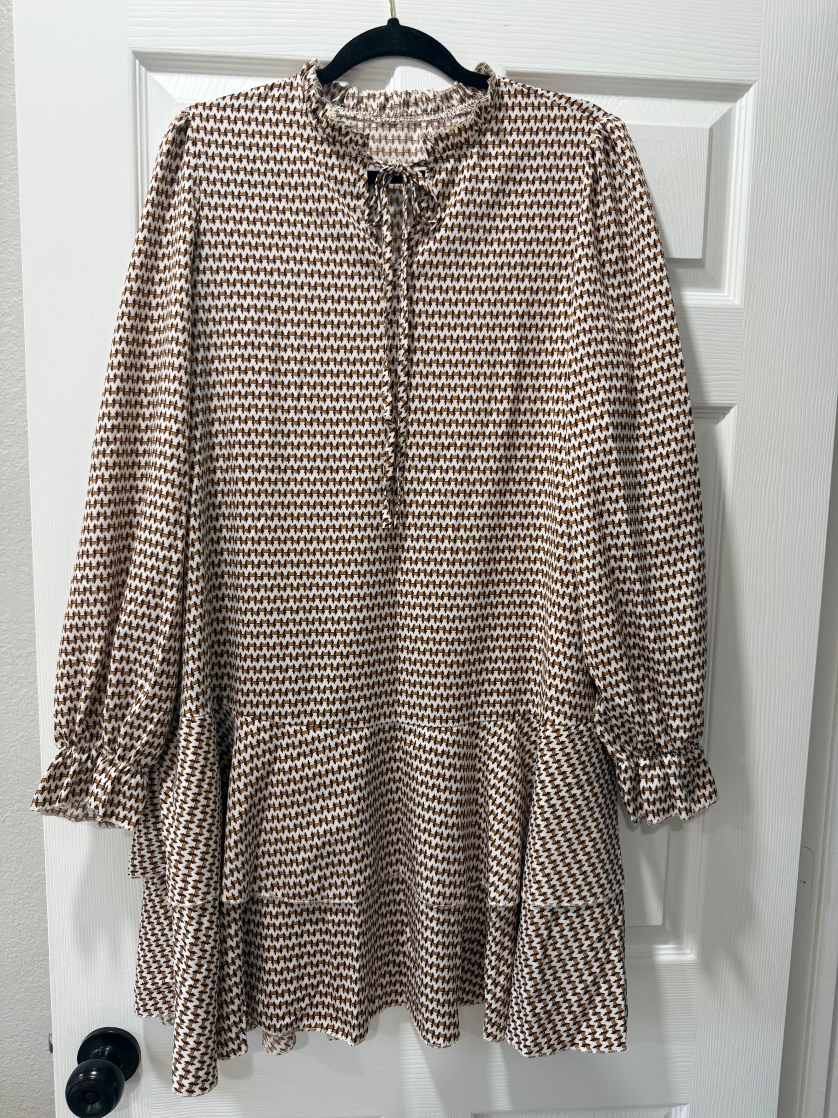 SHEIN Brown Houndstooth Long Sleeve Dress with Ruffle Hem XL