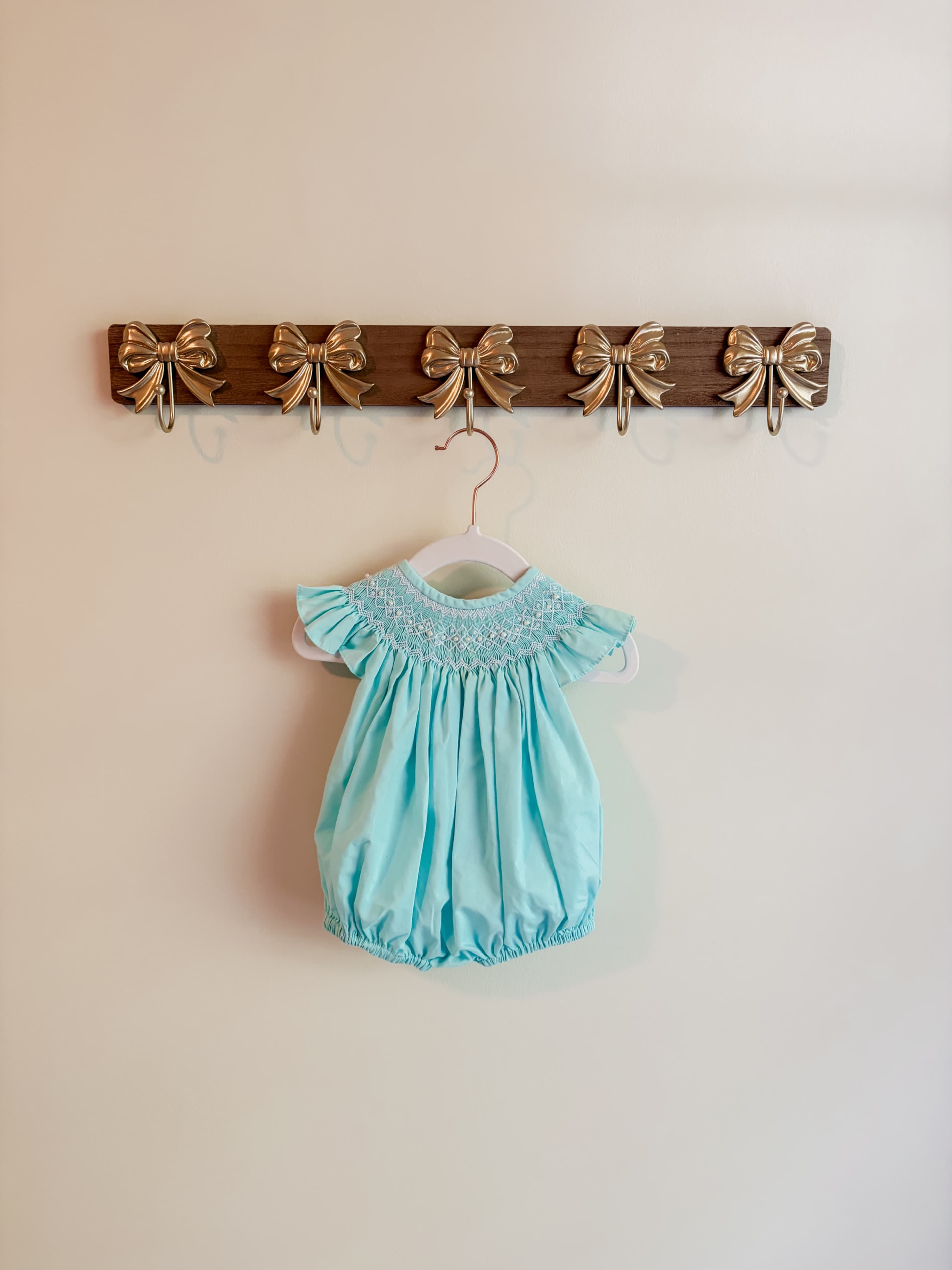 NOLA Smocked size 3 months girls teal Smocked Baby Romper with Ruffle Sleeves