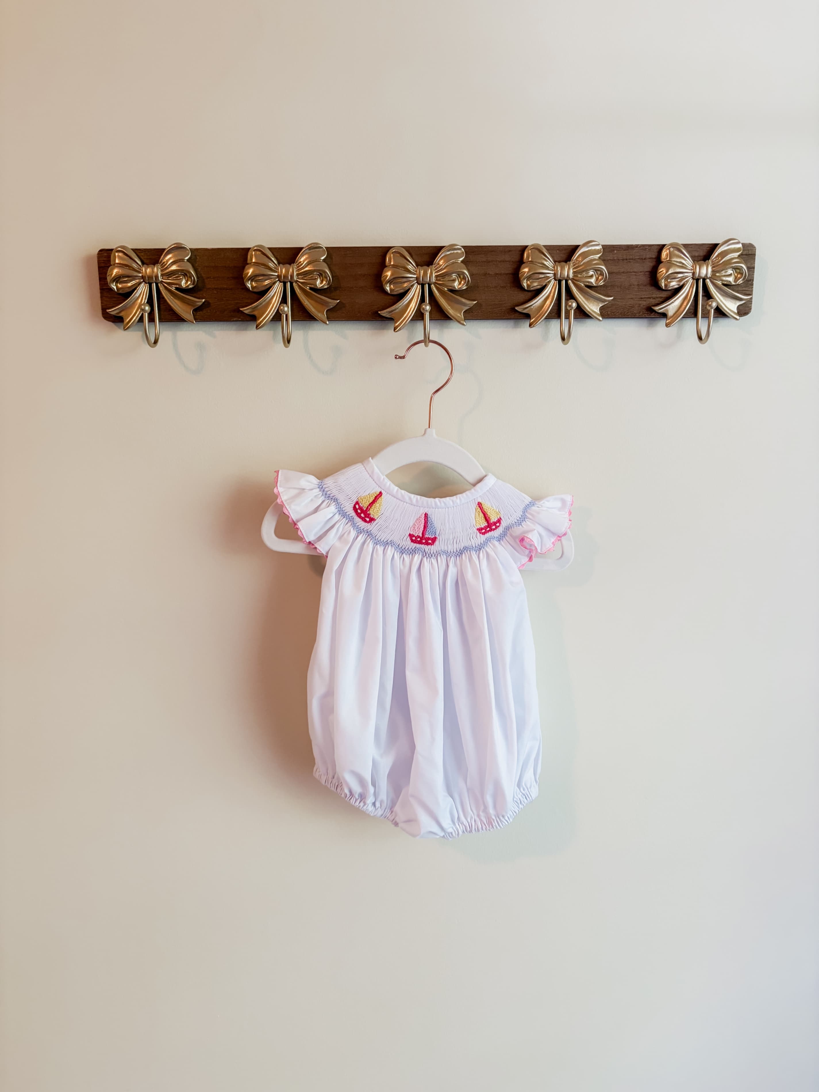 NOLA Smocked size 3 months Sailboat Embroidered Romper with Ruffle Sleeves