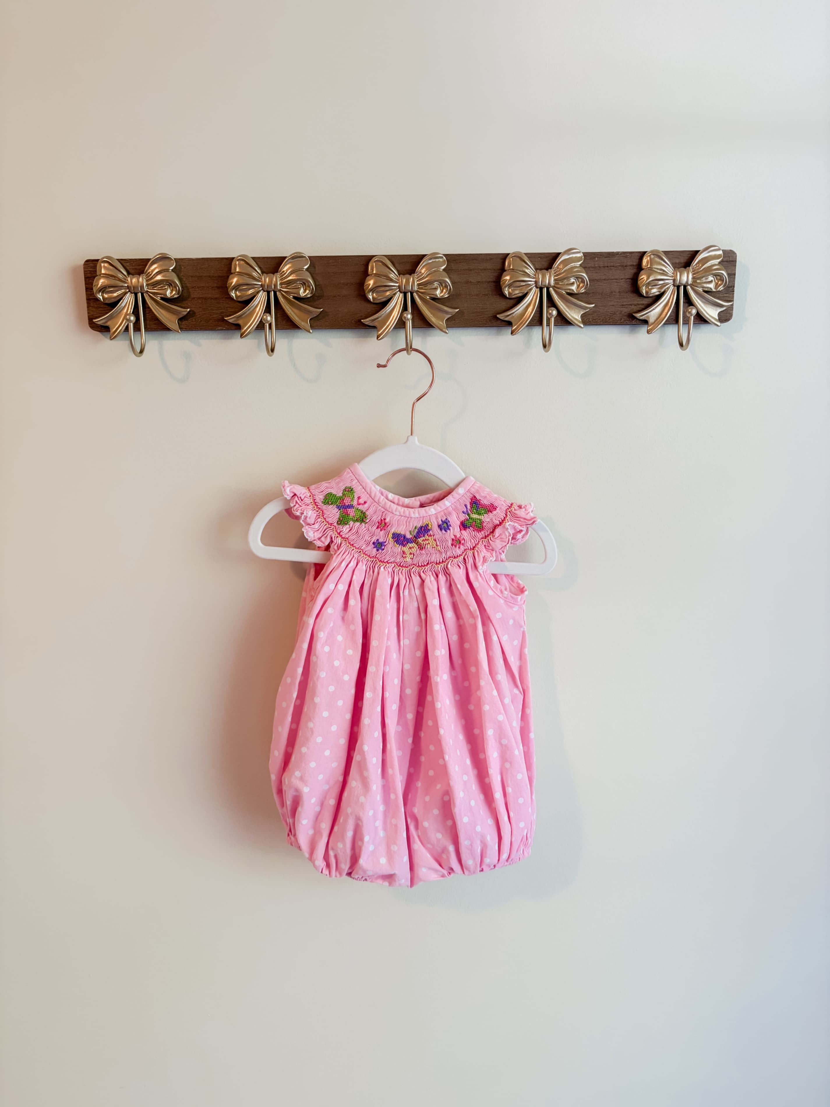 Banana Split Size 12 months girls Pink Polka Dot Baby Romper with Smocking