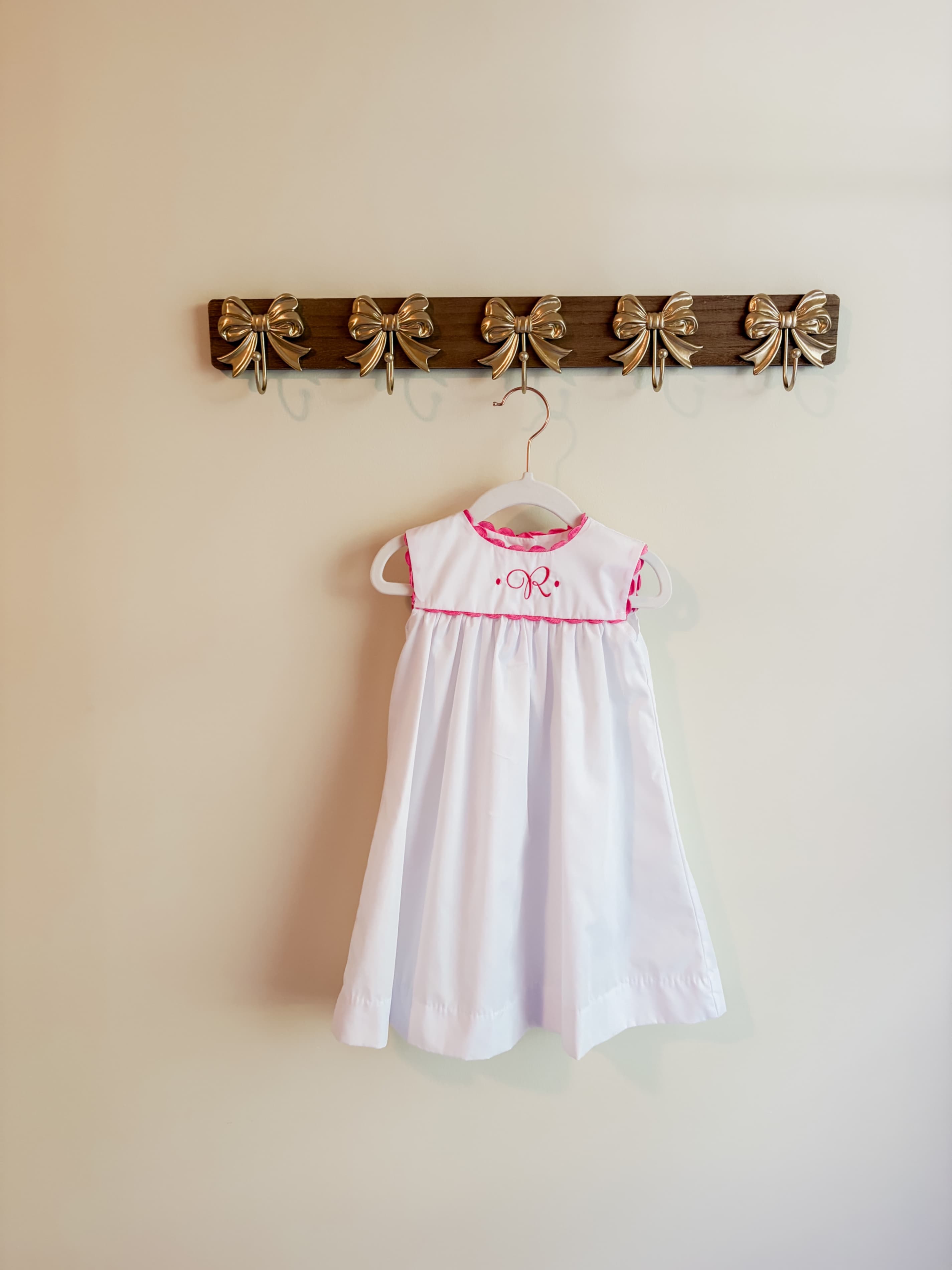 Bayou Blanks size 18 months White Dress with Pink Trim and “R” Monogram