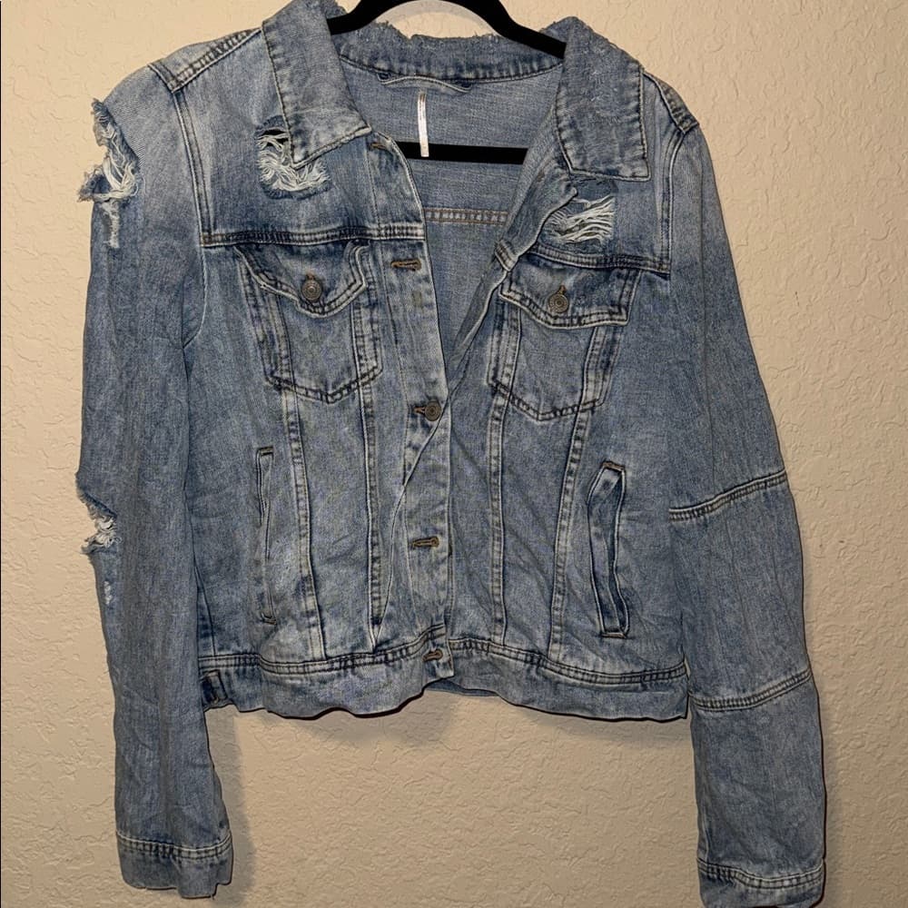 Free People Light Blue Distressed Denim Jacket
