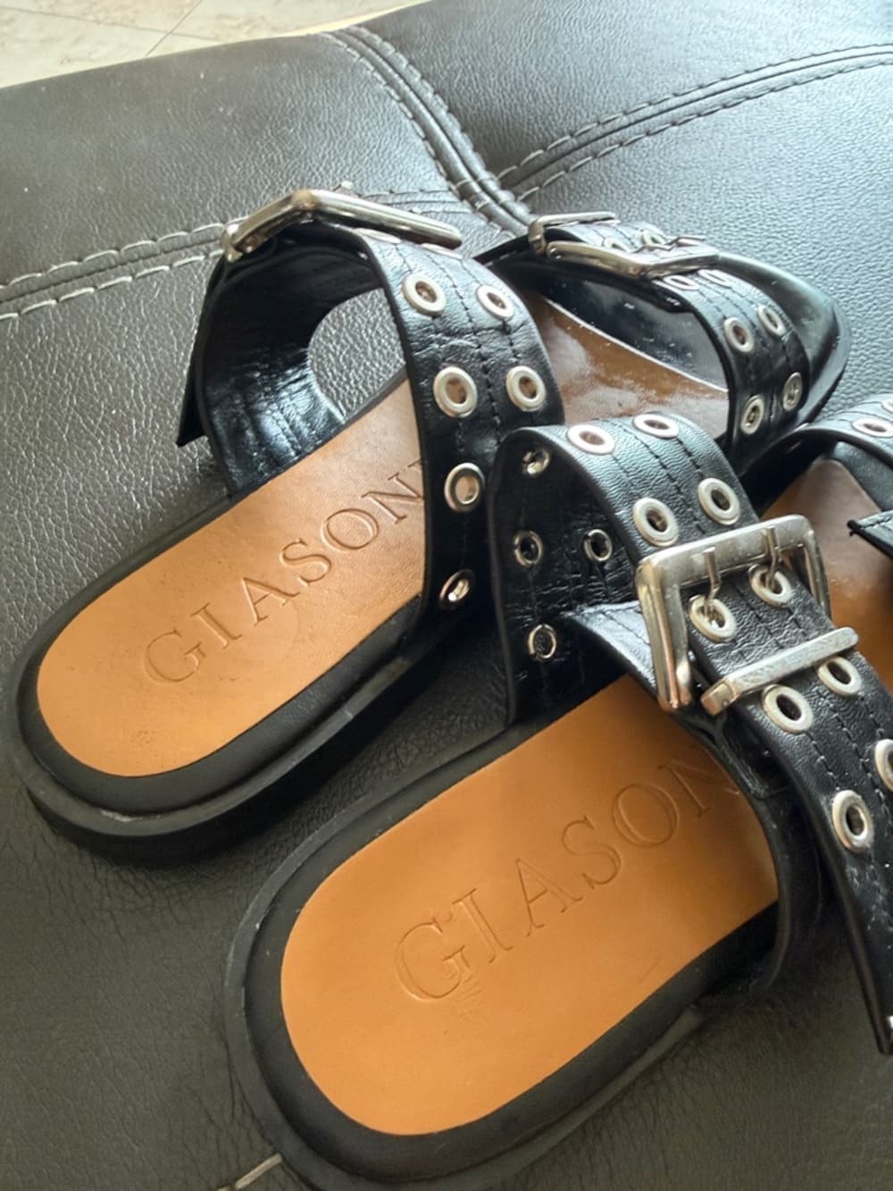 Giasone Black Double-Buckle Grommet Slide Sandals for Women size 37/6.5