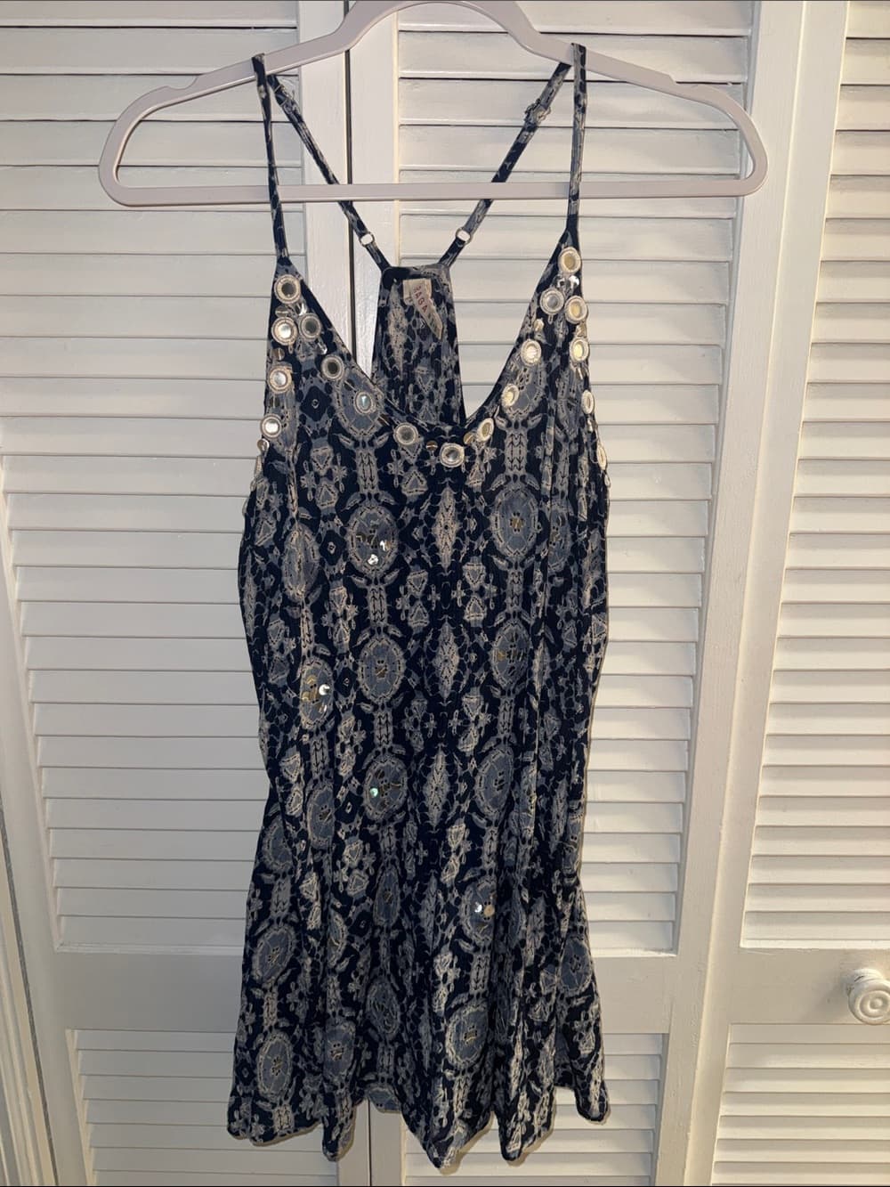 RAGA Navy and Cream Printed Spaghetti Strap Dress medium