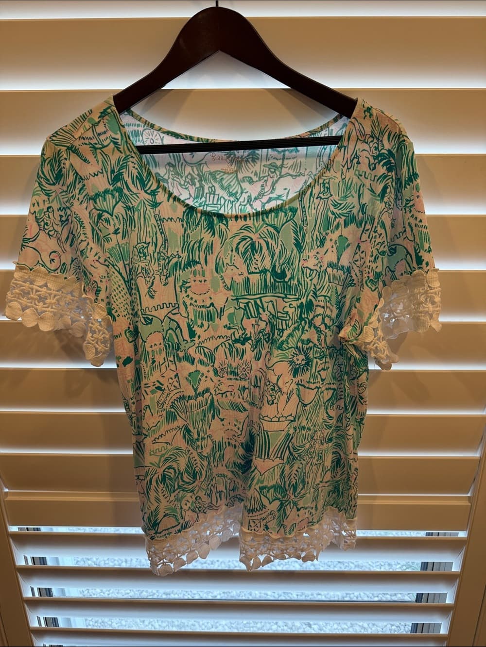 Lilly Pulitzer Teal Botanical Scoop Neck Top with Lace Trim size xl