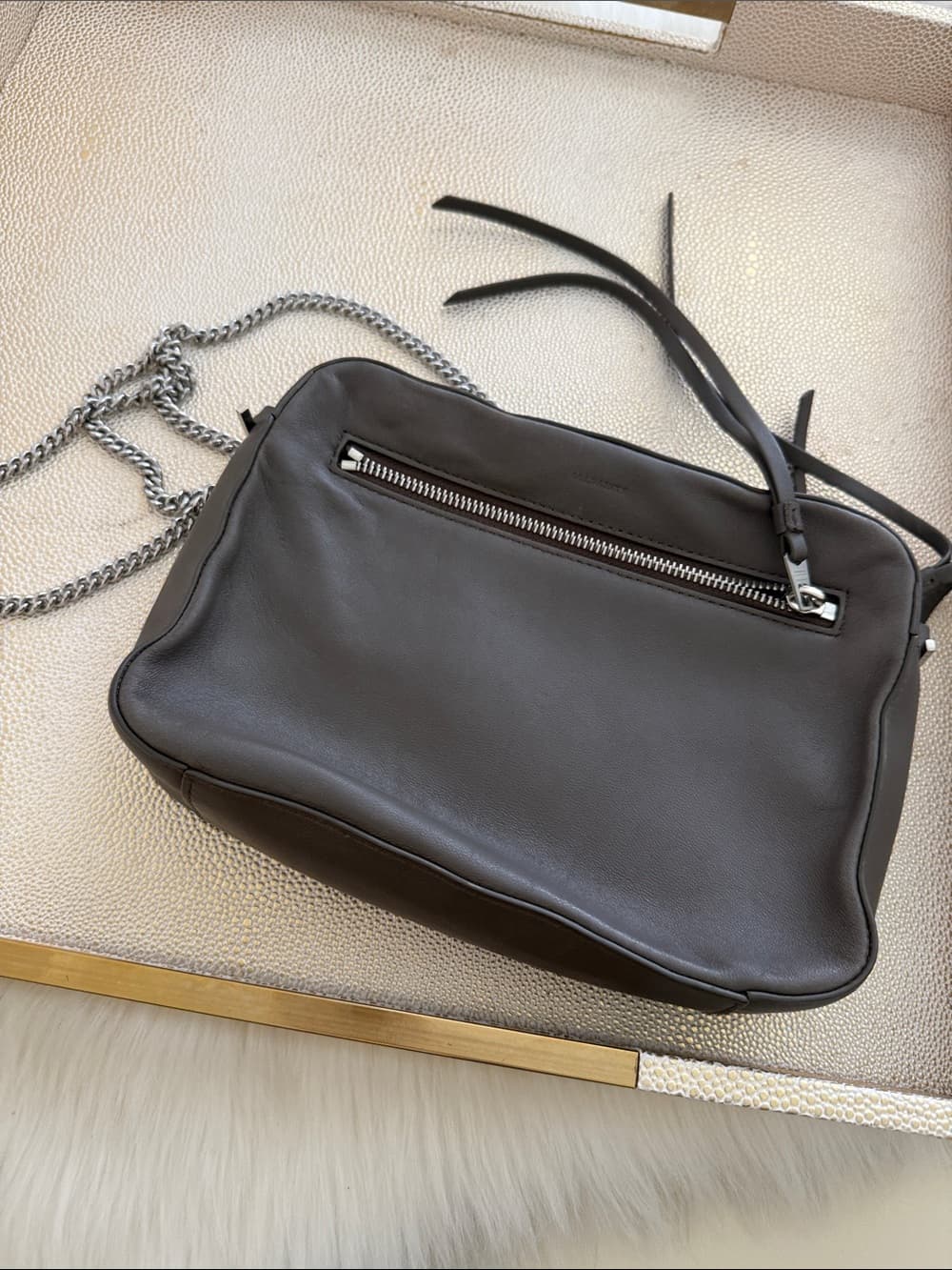 All Saints Leather Chain-Shoulder Crossbody Bag in Dark Greige Taupe