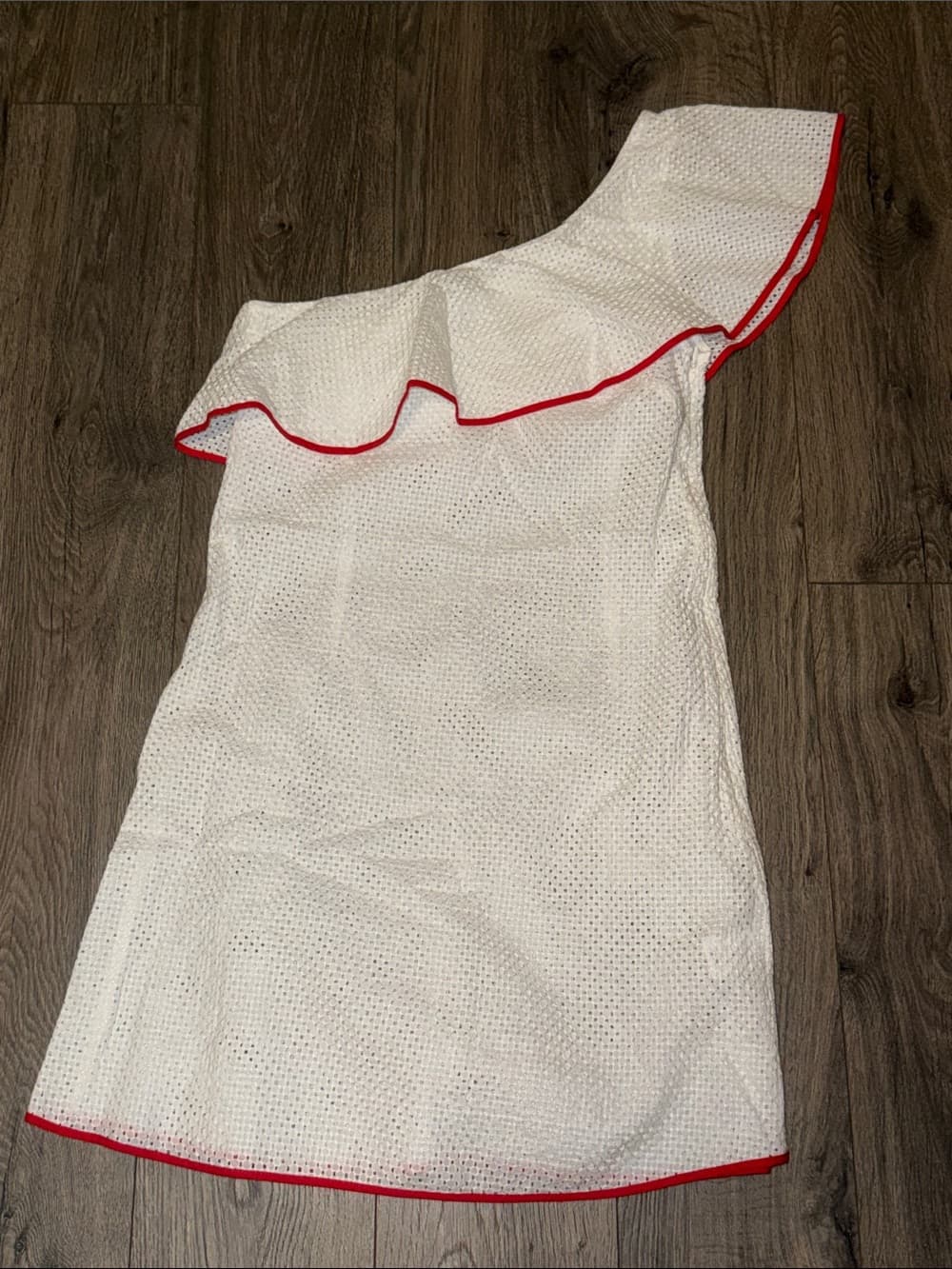 Marysia Swim White One-Shoulder Eyelet Dress with Red Trim