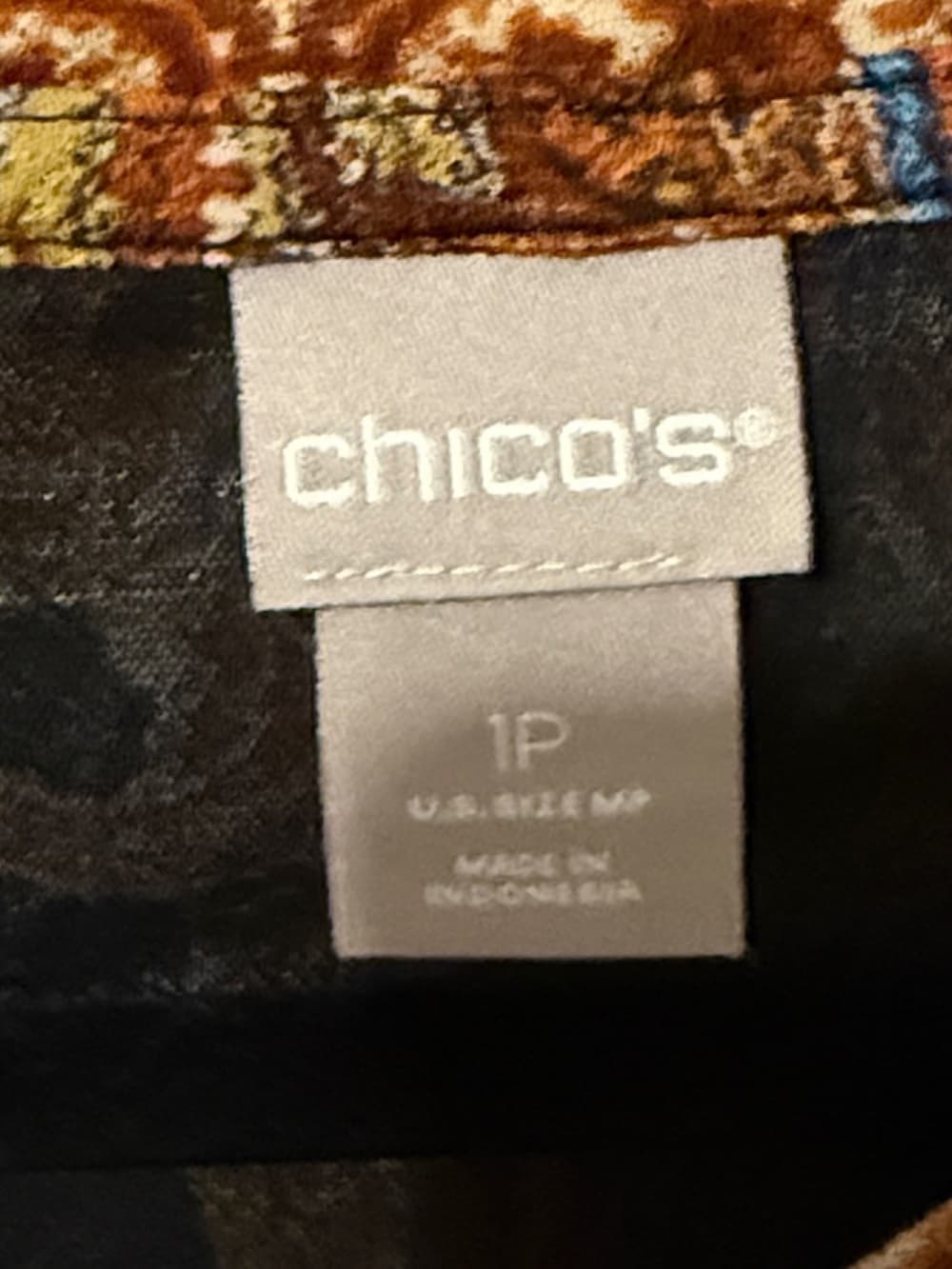 Chico's Black Paisley Long Sleeve Top with Rust, Gold & Blue Accents
