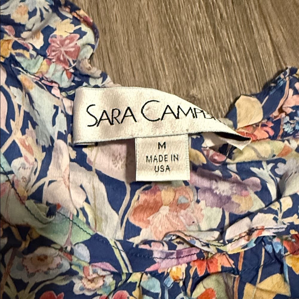 Sara Campbell Navy Floral Ruffle-Neck Puff Sleeve Top