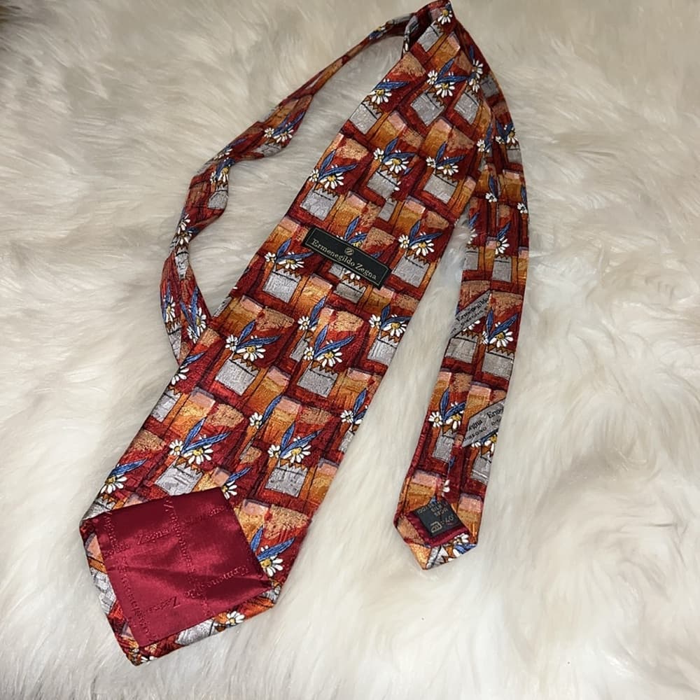 Ermenegildo Zegna Red and Brown Tie with Geometric Design