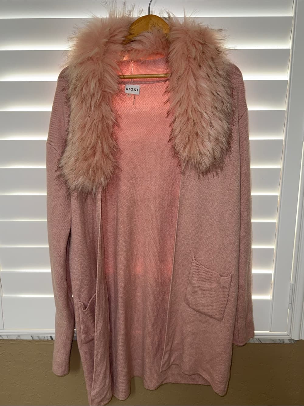 Sioni Dusty Pink Faux-Fur Collar Open Cardigan
