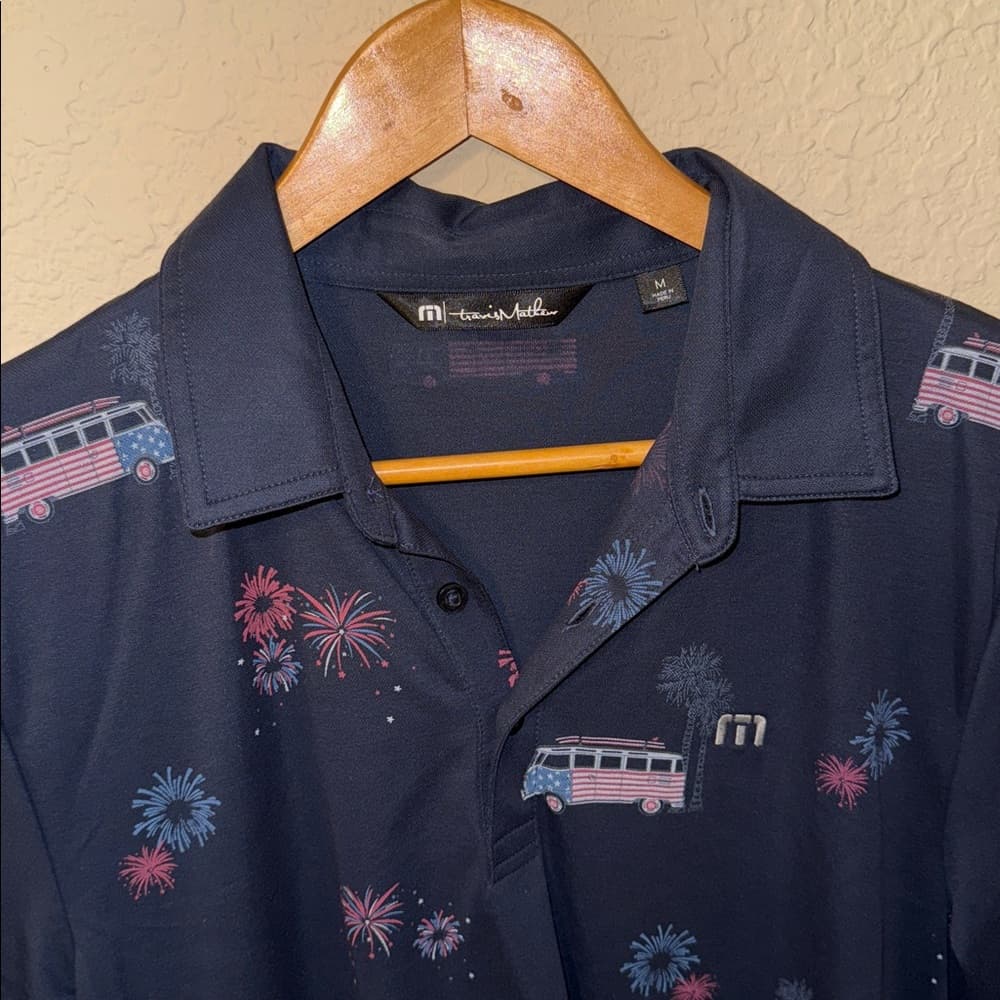 Travis Mathew Navy Polo with Patriotic Design medium
