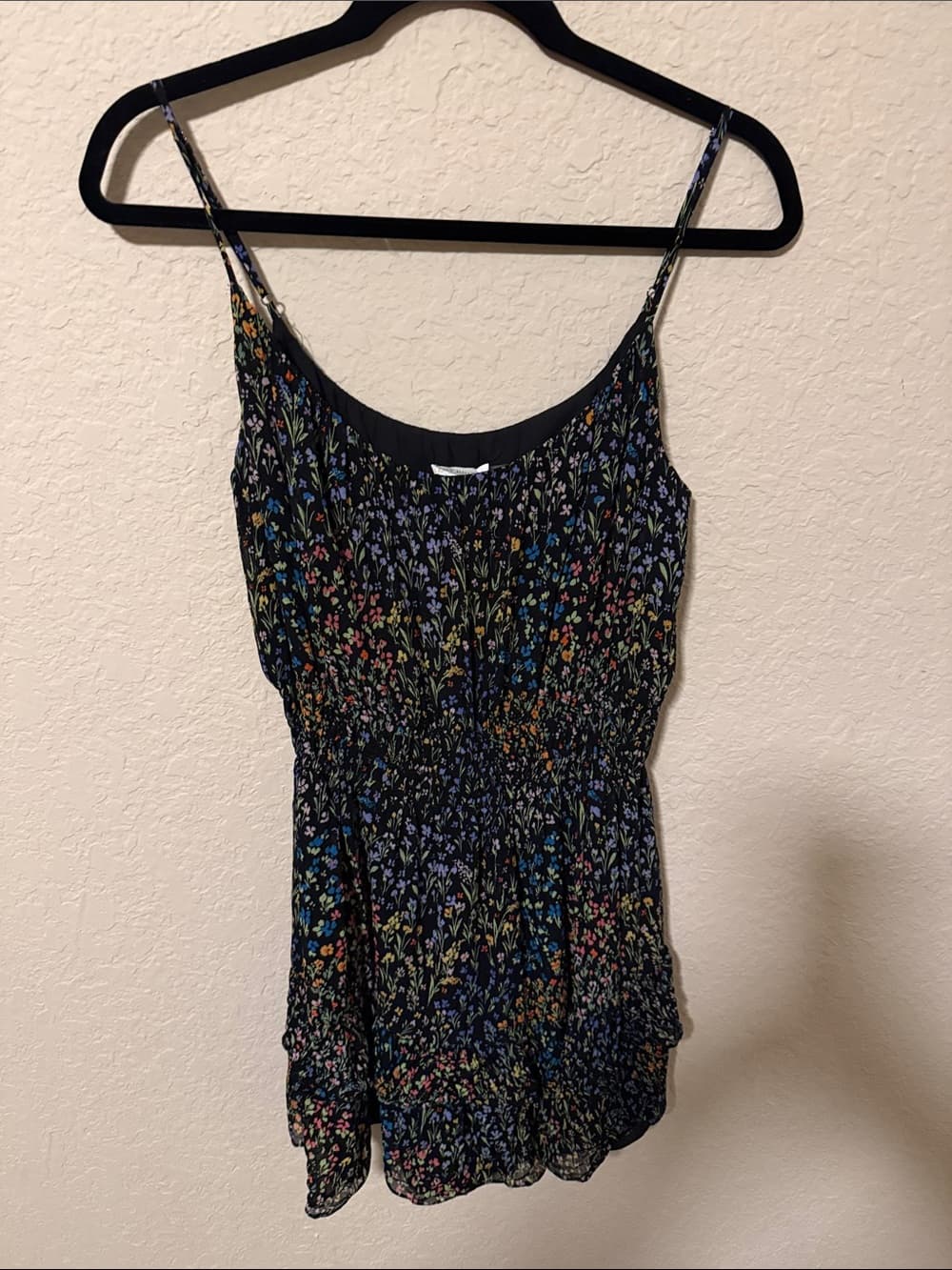 Ramy Brook Black Floral Smocked Camisole dress with Multicolor Bouquet size m