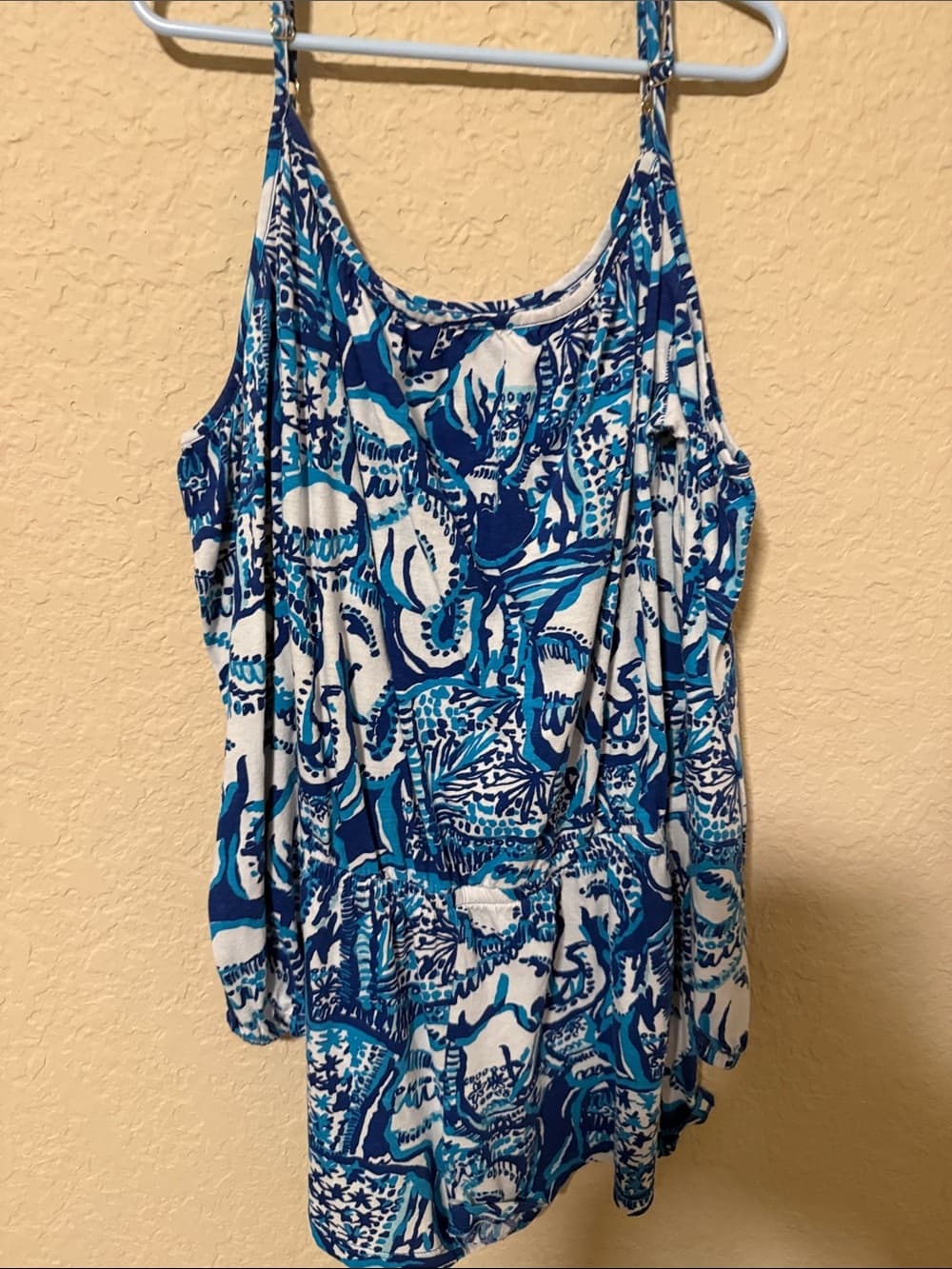 Lilly Pulitzer Navy, Teal & White Printed Off-Shoulder romper xl 12-14 girls