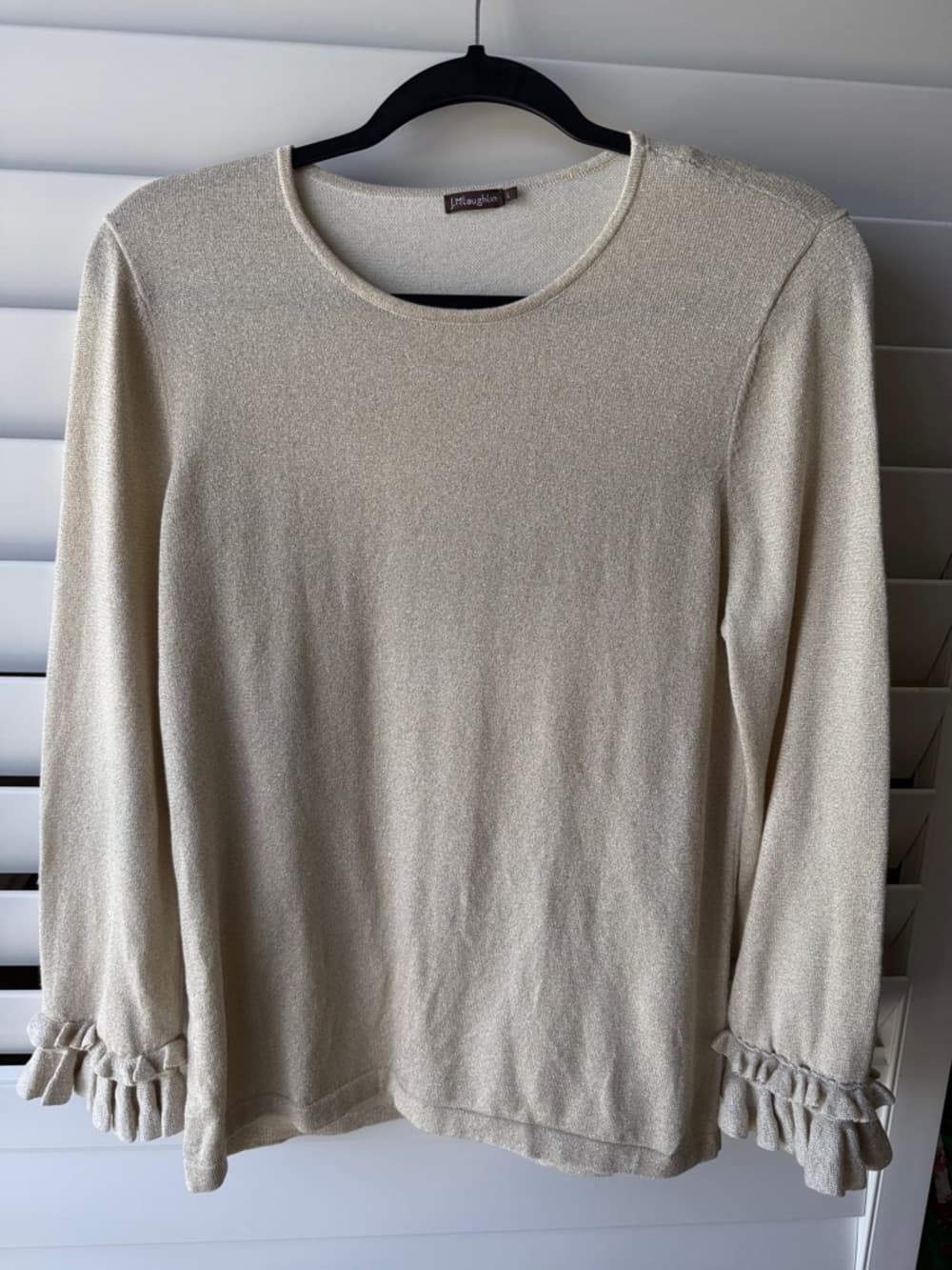 J. McLaughlin Cream Metallic Ruffle-Cuff Long Sleeve Top