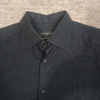Jhane Barnes Button Up Goth Look Shirt Men's Medium Black W/ Embroidered Chest