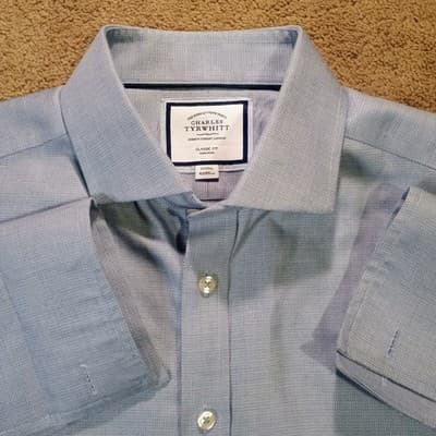 Charles Tyrwhitt Dress Shirt Size 17/35 Sky Polished Premium Sleek French Cuff
