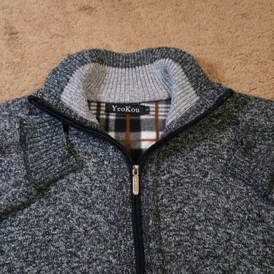 YeoKou Sweater Jacket Mens Large Gray Cashmere Wool Fleece Lined Cardigan Knit