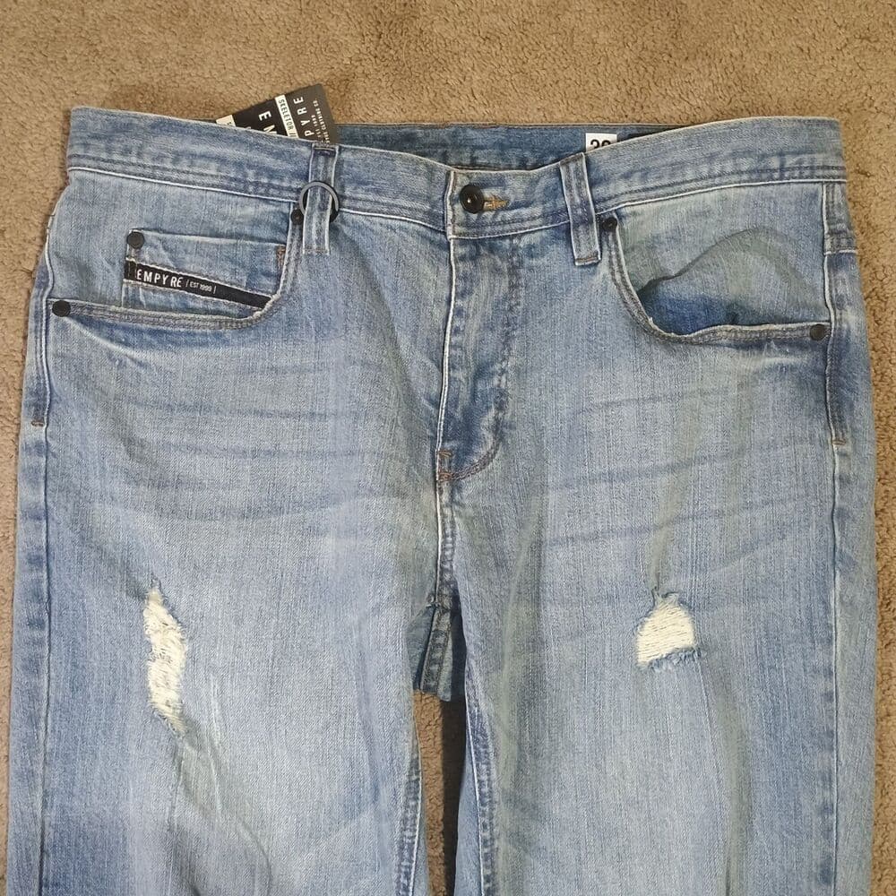 New Empyre Skeletor Jeans Mens 36 Blue Super Stretch Destress Ripped Denim