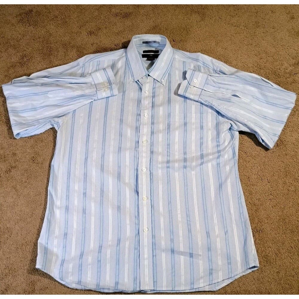 Toscano Mens Shirt Large 2 Ply's 120's Cotton Iron Free Blue Pin Striped Casual