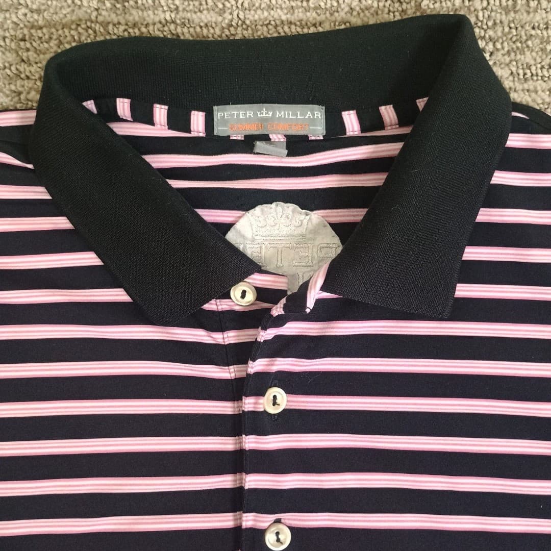 Peter Millar Golf Polo Mens Large Summer Comfort Performance Stretch Pink Stripe