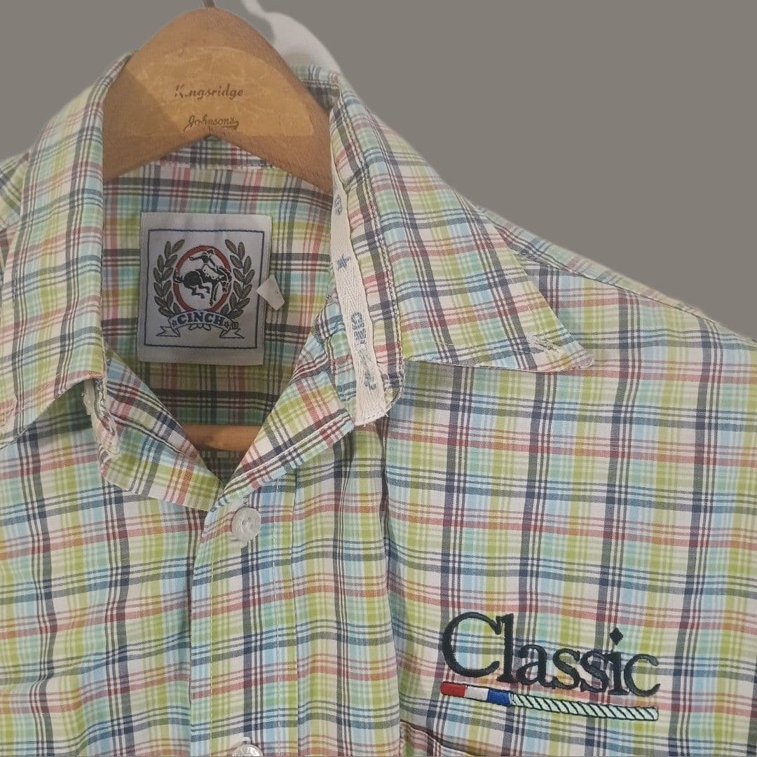Cinch Long Sleeve Shirt Men's Size S Green and Yellow Check Plaid