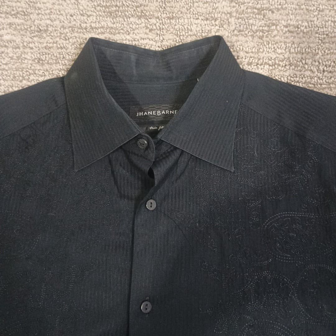 Jhane Barnes Button Up Long Sleeve Shirt Men's Medium Black W/ Embroidered Chest