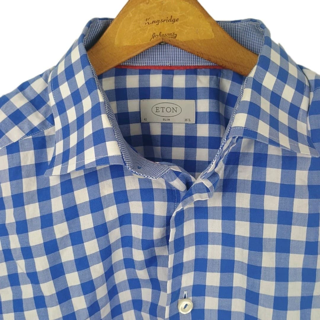ETON Dress Shirt Men 16.5 Slim Blue Large Check Long Sleeve Flip Cuffs