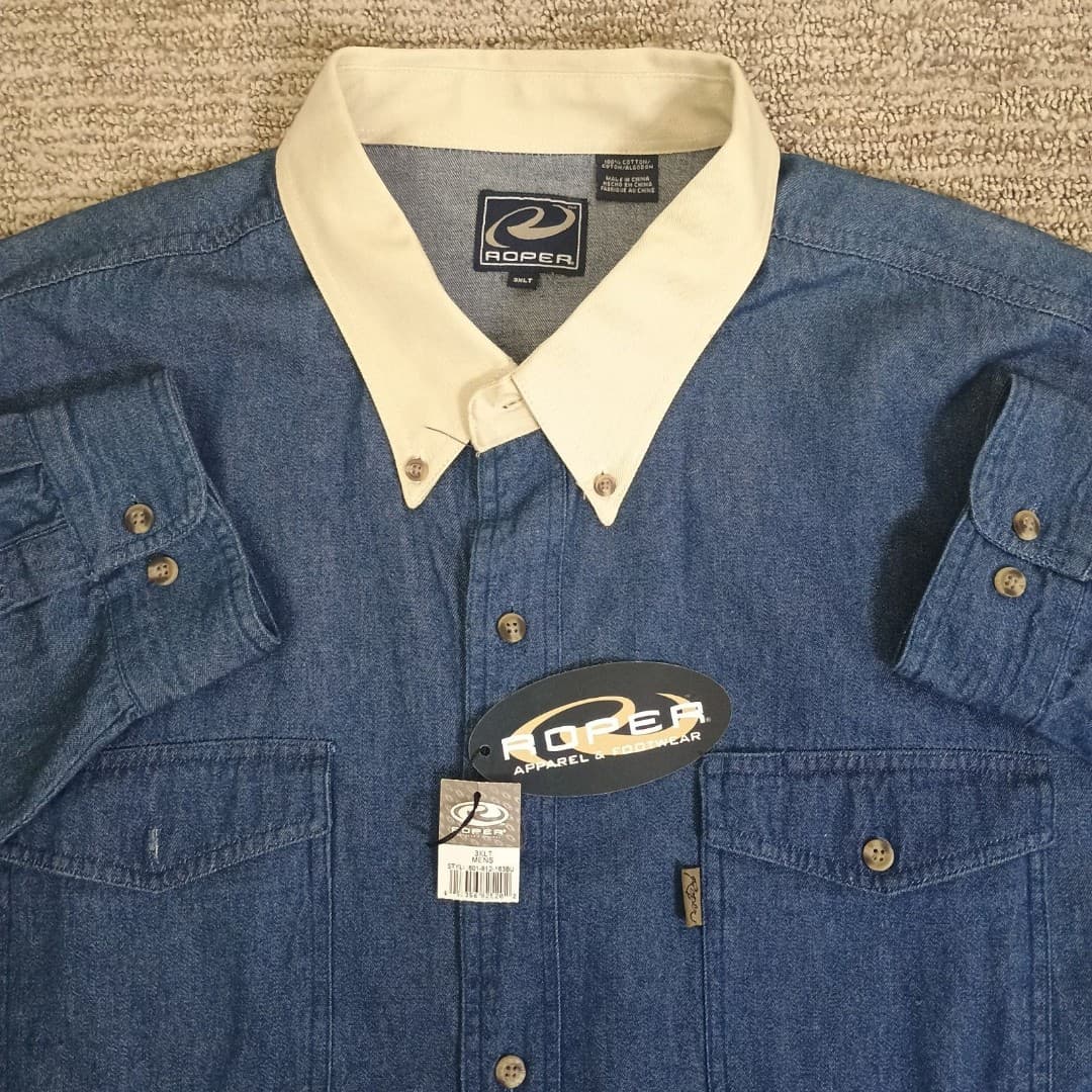 Roper Denim Shirt Mens 3XT Tall Long Sleeve Button Blue Tan Collar
