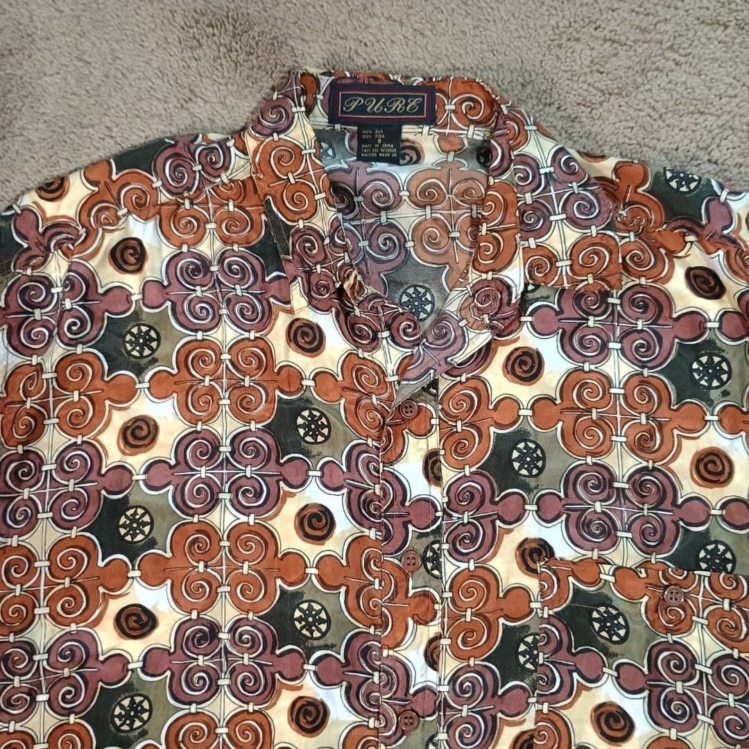 Vintage PURE Light Silk Shirt Men's Small paisley, floral prints, geometric
