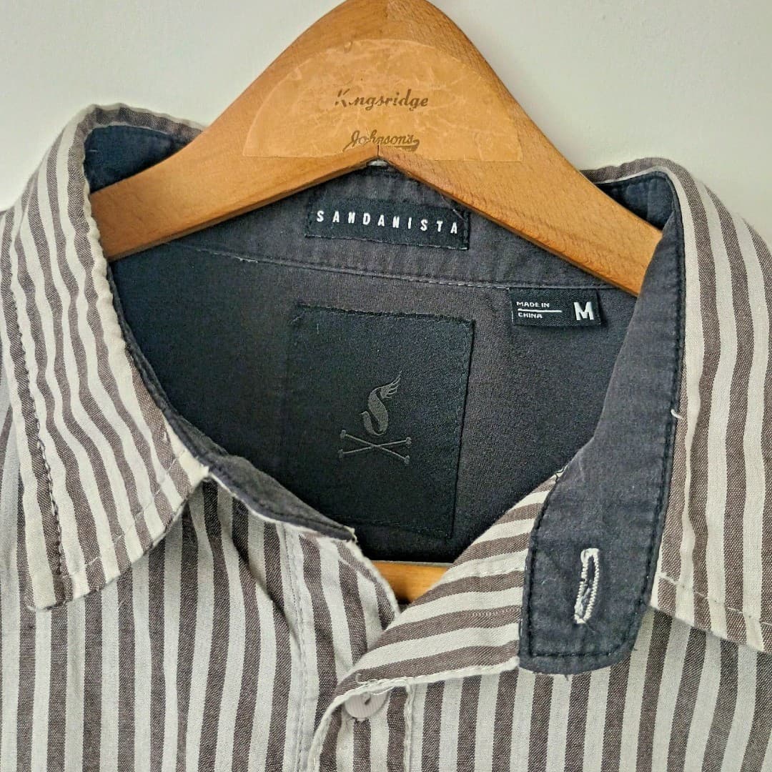 Sandanista Shirt Men's Medium Gray/White Stripes Long Sleeve Rocker Metal Shirt