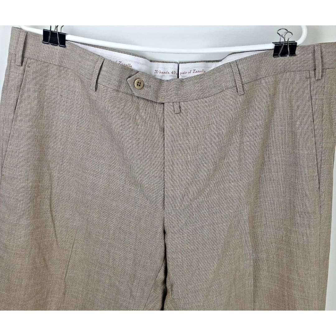 Zanella Parker Shark Skin Trousers 40 Brown 100% Wool Flat Front Premium