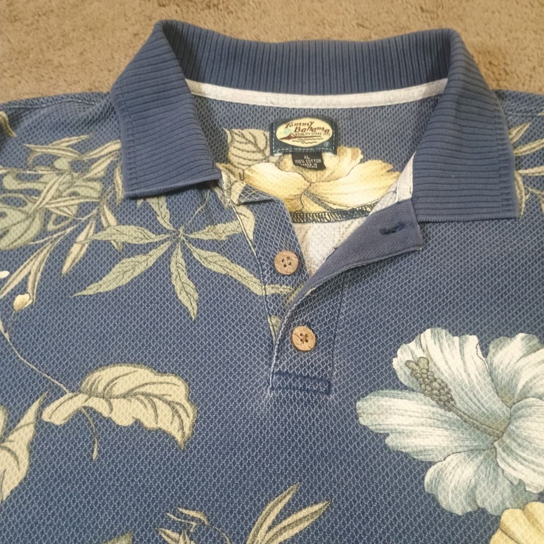 Tommy Bahama Polo Mens XL Large Blue Floral Island Zone Flowers Vintage