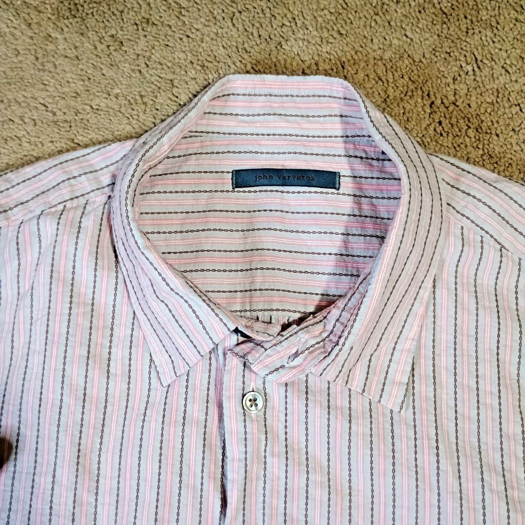 John Varvatos Long Sleeve Shirt Mens XL 100% Cotton Pink Pin Striped Sleek Sharp