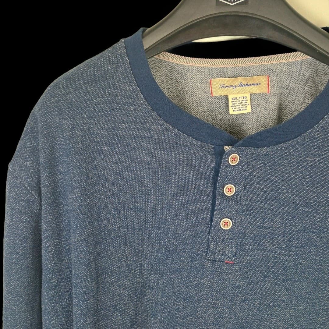 Tommy Bahama Shirt Mens XXL Blue Henley Long Sleeve Harringbone Soft Lightweight