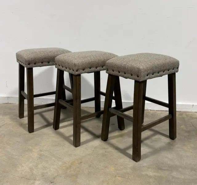 Padded Wood Stools with Nail Heads Set of 3