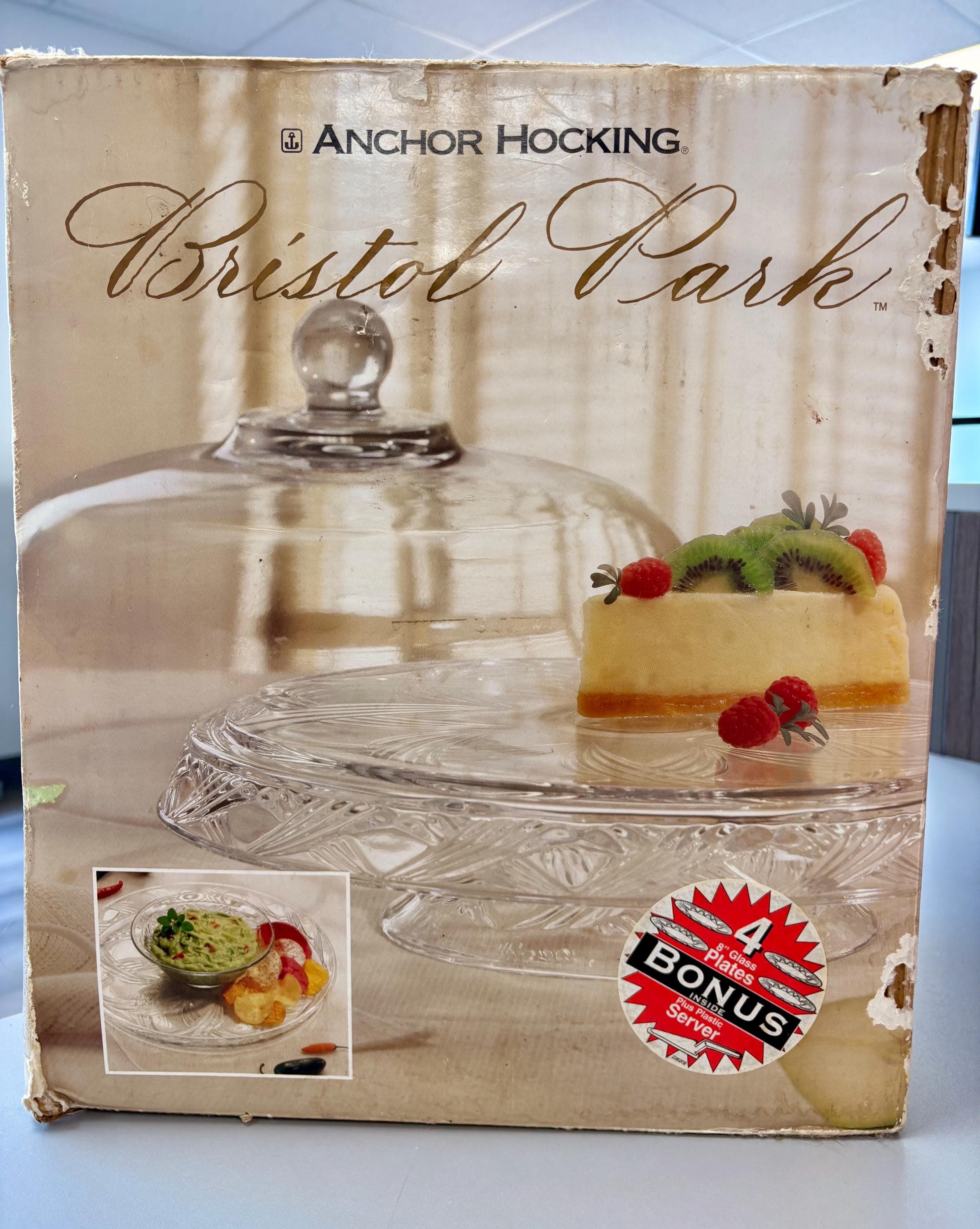 Vintage Anchor Hocking "Bristol Park" Glass Cake Set w/ 4 Plates~ Complete Set, unused from 1997