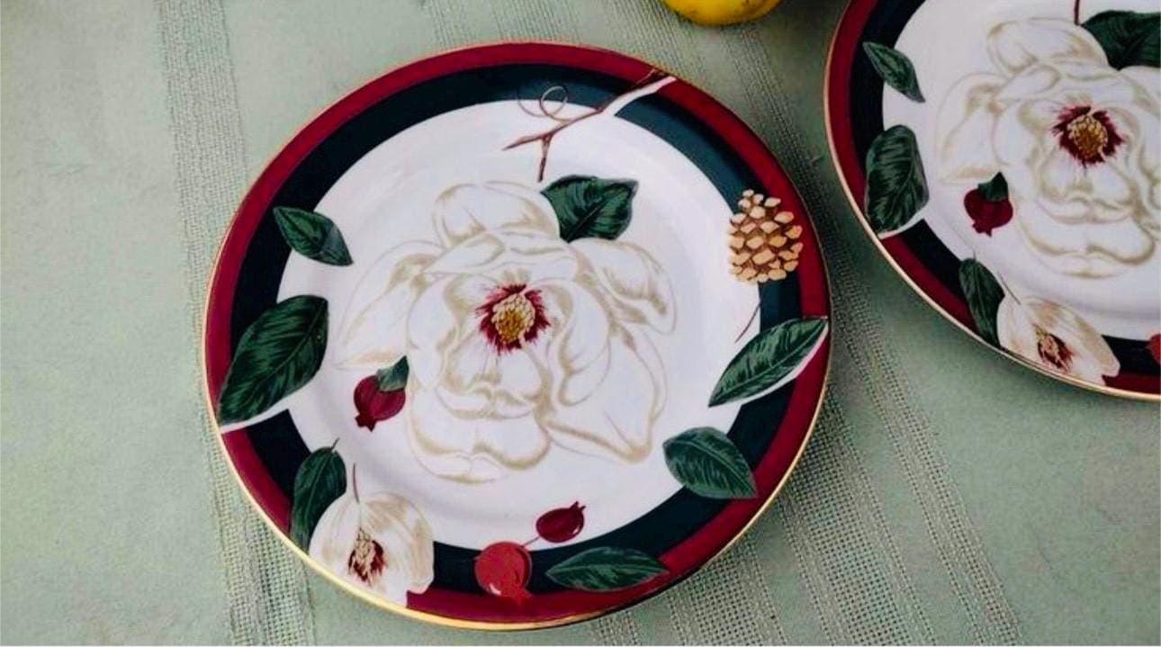 10 Piece~ “Magnolia” 4 Salad Plates & 4 Rim Soup Bowls by Tienshan Magnolia Collection~ 2 Teacups~ Vintage Circa 1996