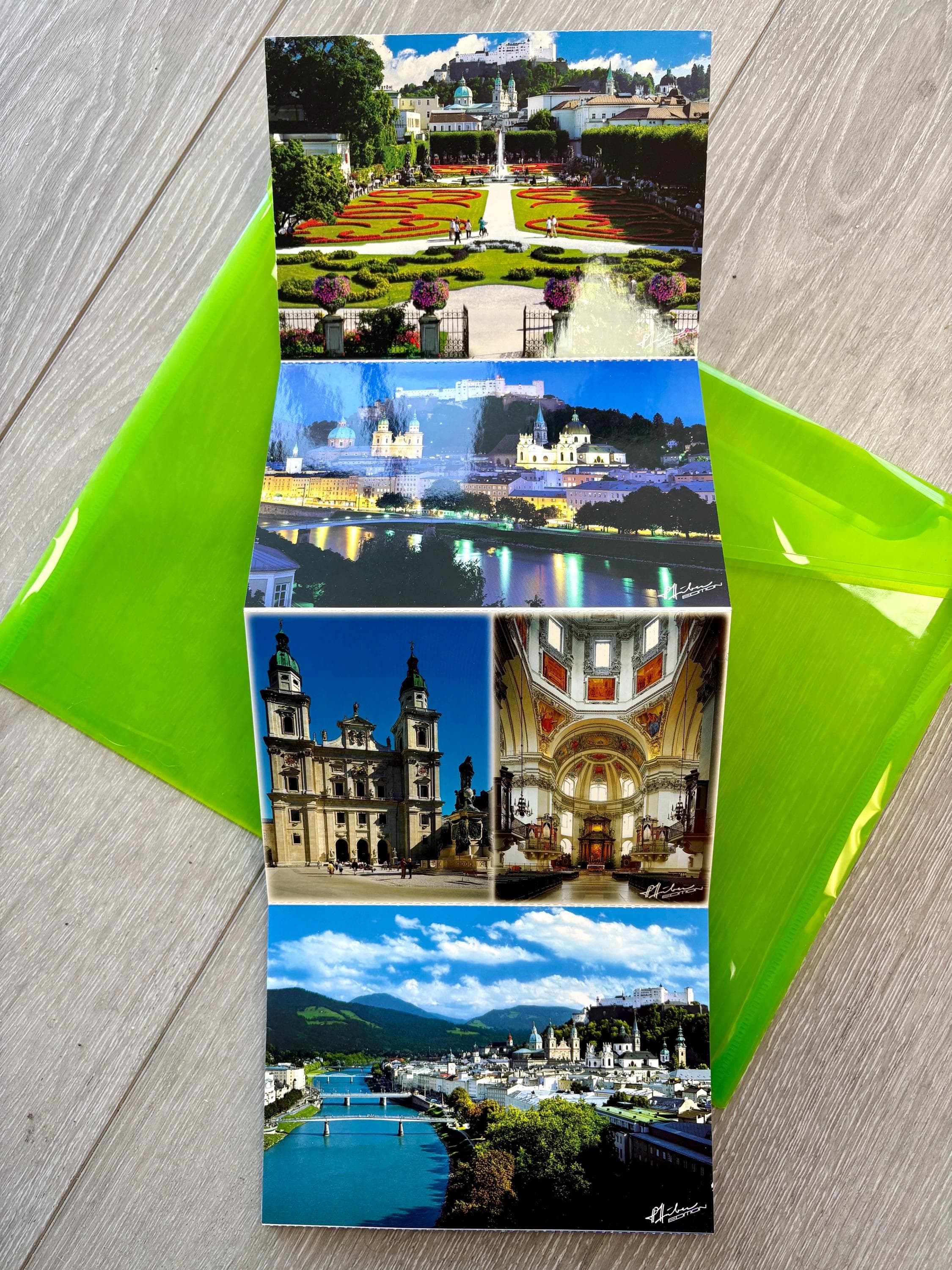 Vintage box of 12 "Super Cards" postcards featuring a panoramic view of Salzburg, Austria. Breathtaking Images! Glossy; Mint Condition