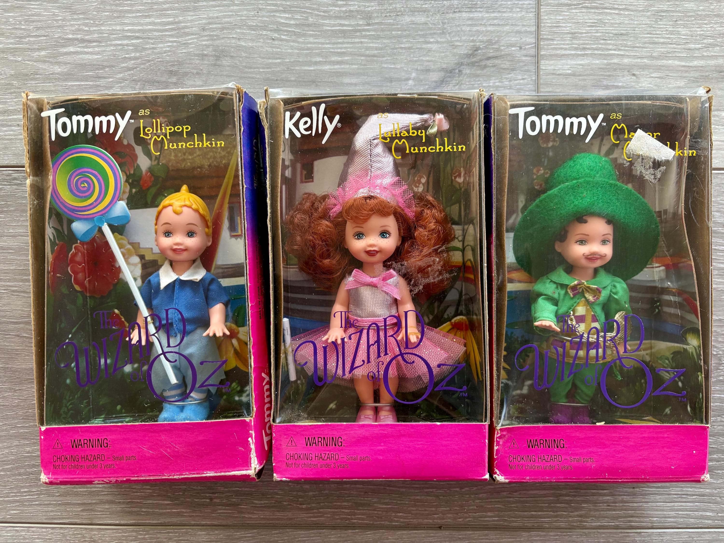 Mattel Wizard of Oz Kelly and Tommy Munchkin Dolls~ Lollipop, Lullaby and Mayor–Complete Set