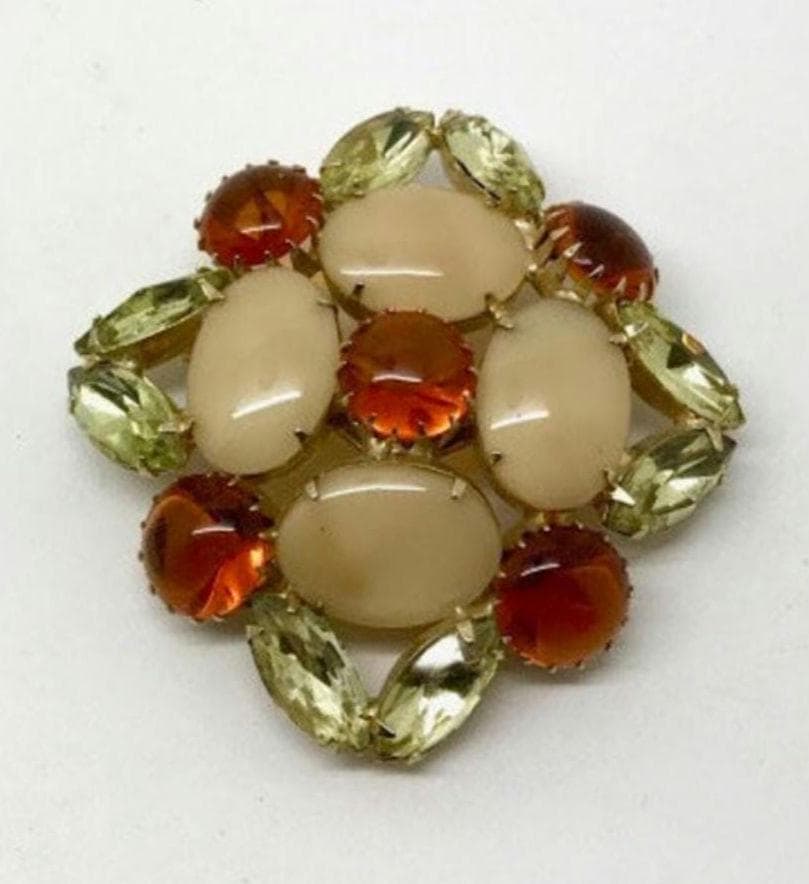 Vintage Delizza and Elster Amber Clear Milky Rhinestone & Cabochon Square Brooch- Perfect color for Fall or Thanksgiving!