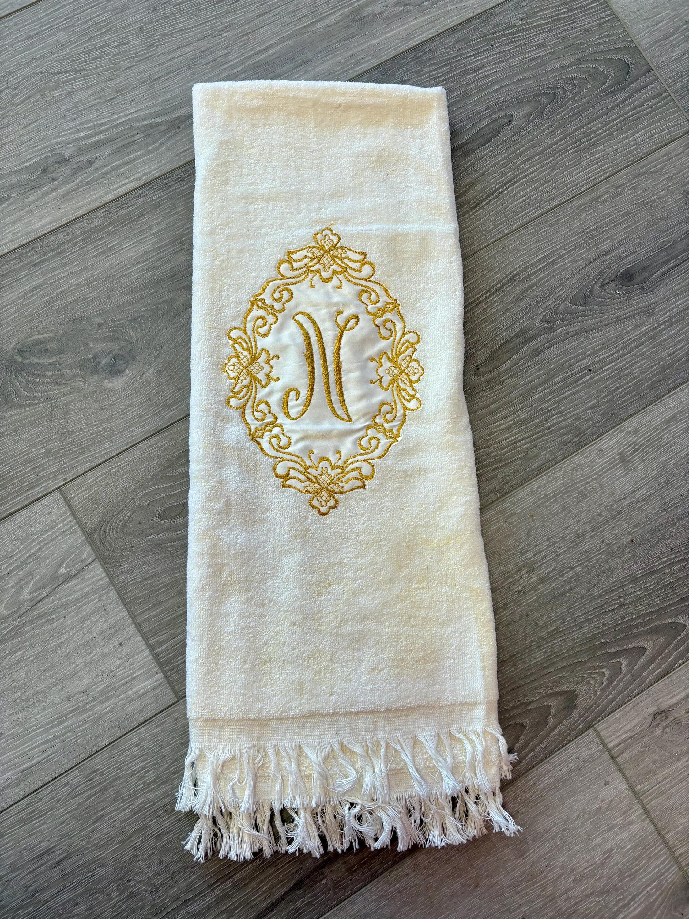 Vintage Barth & Dreyfuss Gold Monogrammed “N” Royal Terry Bath Towel~ Made in the USA- Ornate, gold-embroidered oval design on a white towel
