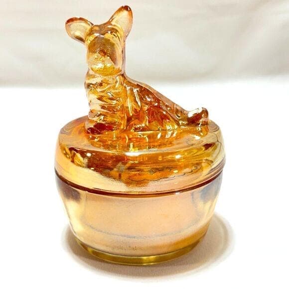 1940s Jeannette Marigold Carnival Glass Terrier Scotty Dog Covered Candy Dish