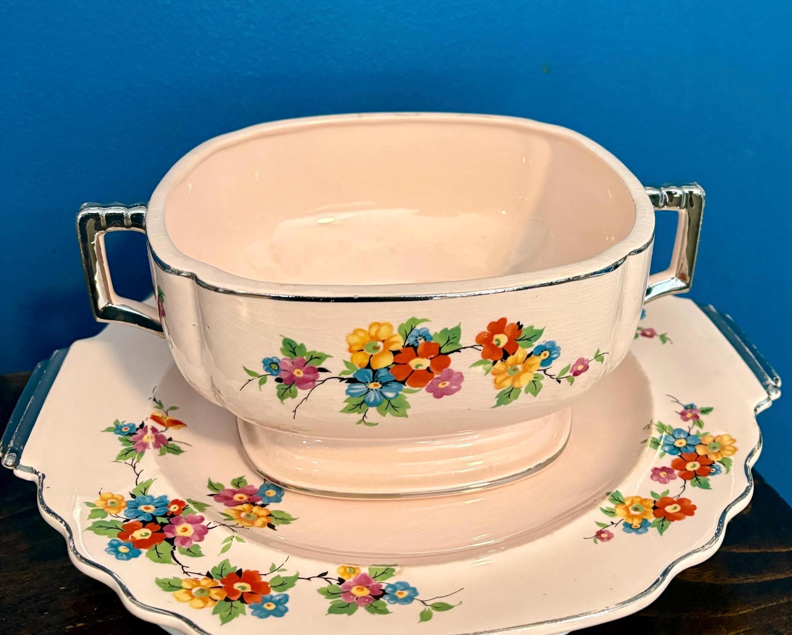 Limoges “Peach-Blo” Dinnerware Wayside Flower by Limoges-American Serving Platter and Silver Handle Serving Bowl