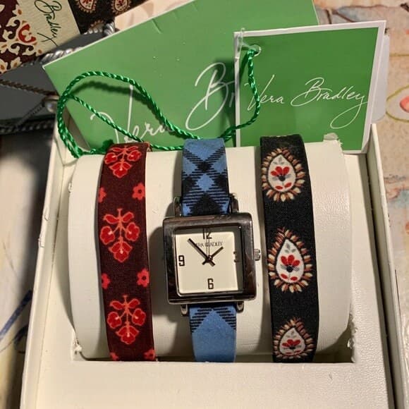 Vera Bradley Vintage Gift Set In Original Box~ 3 Quilted Pattern Watch Bands & Square Face Silver Watch- Retired Patterns Vintage Collection