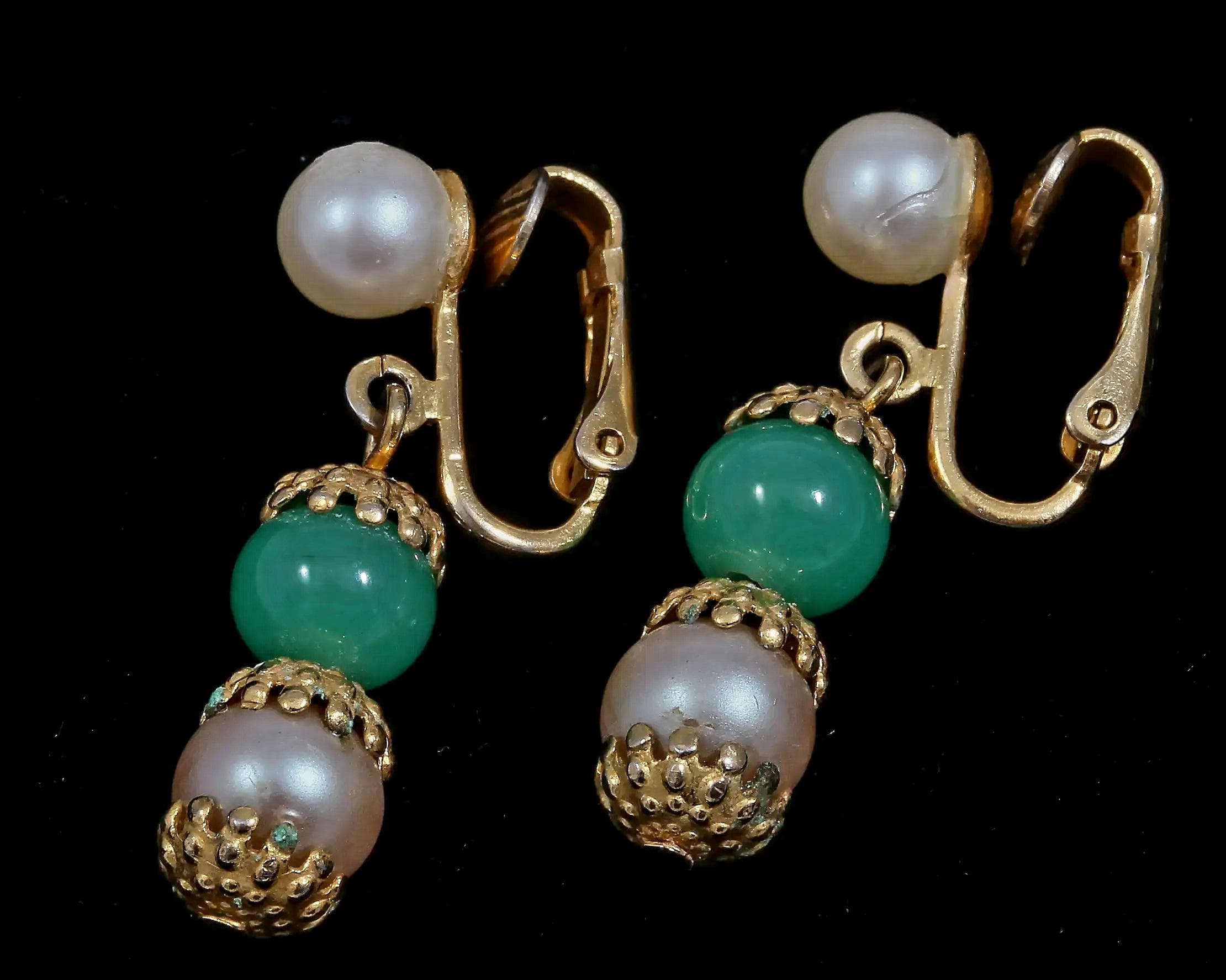 Vintage CELEBRITY jade & pearl Clip-on Earrings