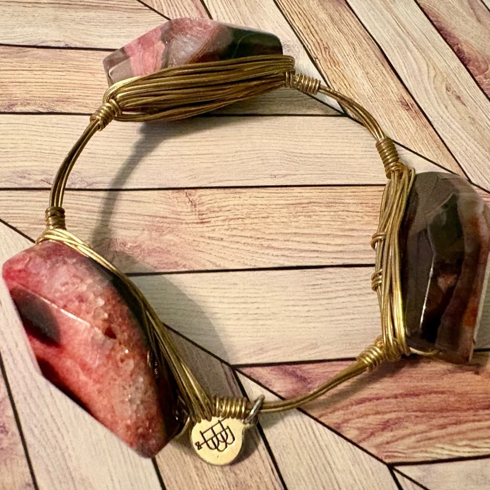 Bourbon and Bowties Black and Pink Bracelet Gold Wire Wrapped Bangle