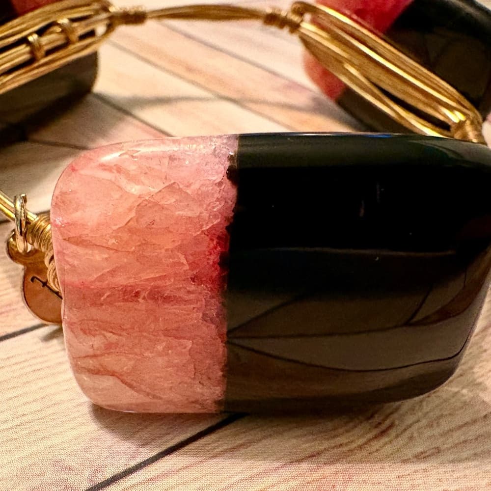 Bourbon + Bowties Black and Pink Bangle Bracelet~ Polished Stone Strawberry Pink
