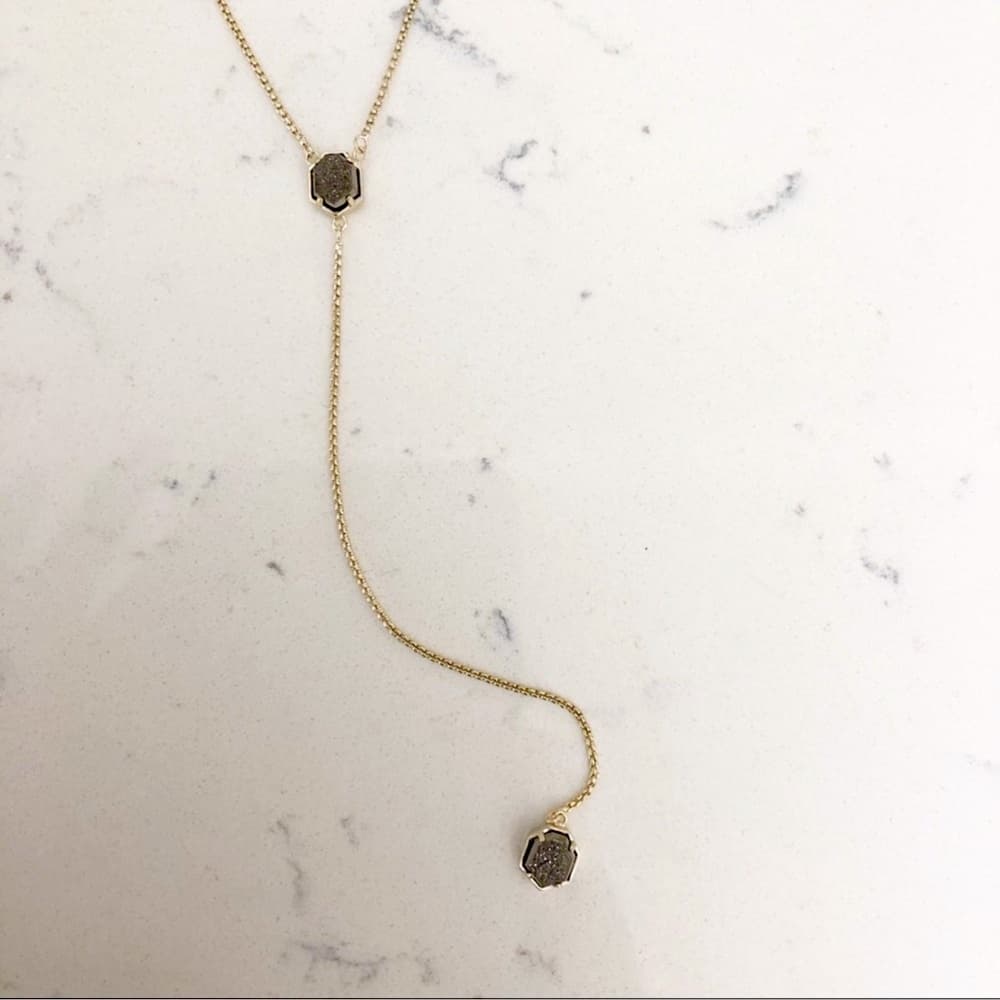 Kendra Scott "Tomon" Y Necklace Gold Chain Platinum Druzy Stone~ Adjustable